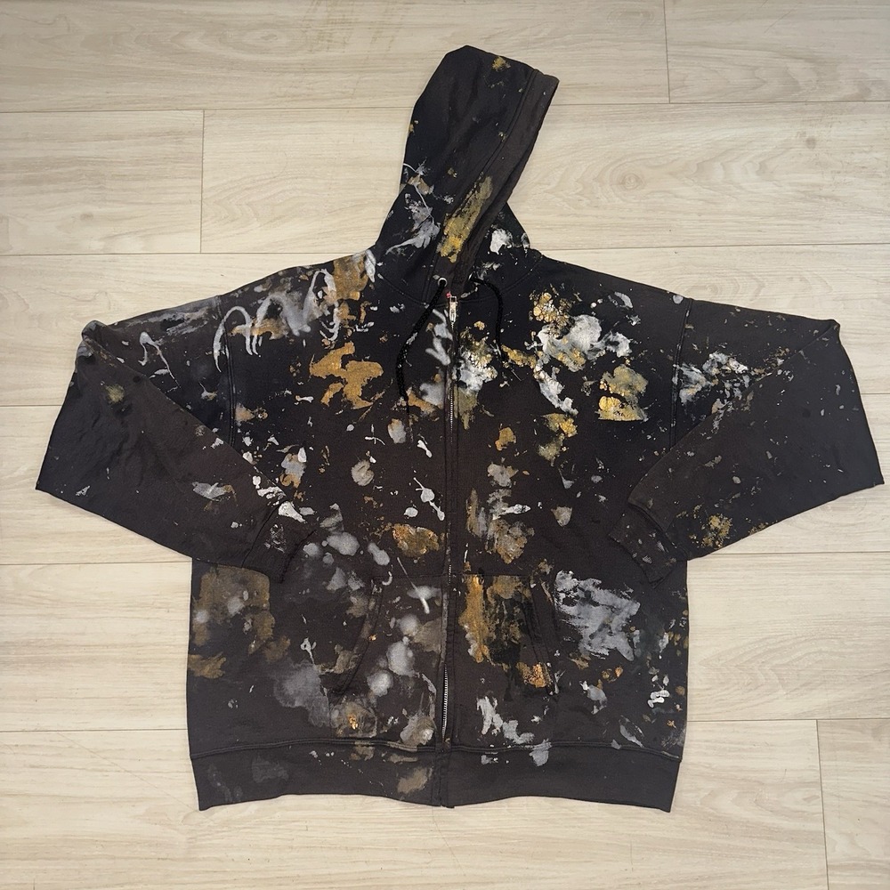 Vintage Y2K Hanes Black Paint Splatter Fleece Zip Hoodie Sweatshirt Size Medium